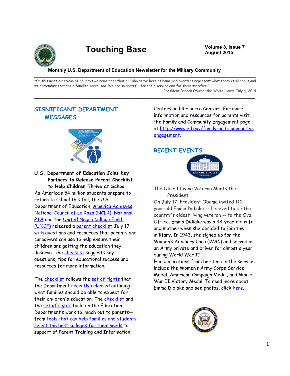 Monthly U.S. Department of Education Newsletter for the Military Community