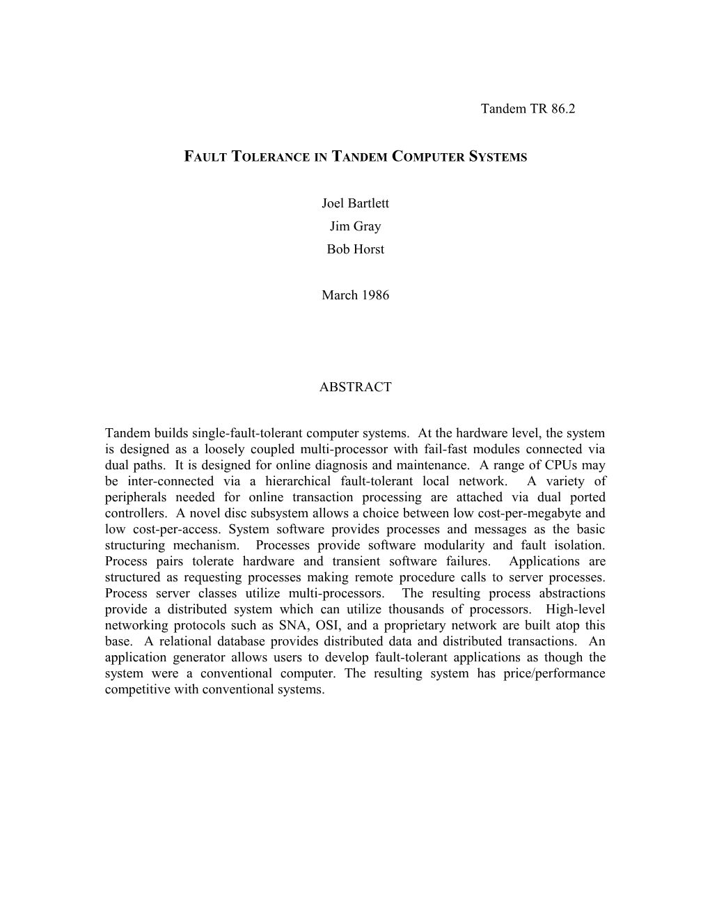 Fault Tolerance in Tandem Computer Systems