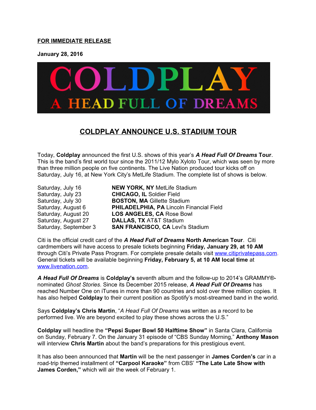 Coldplay Announce U.S. Stadium Tour