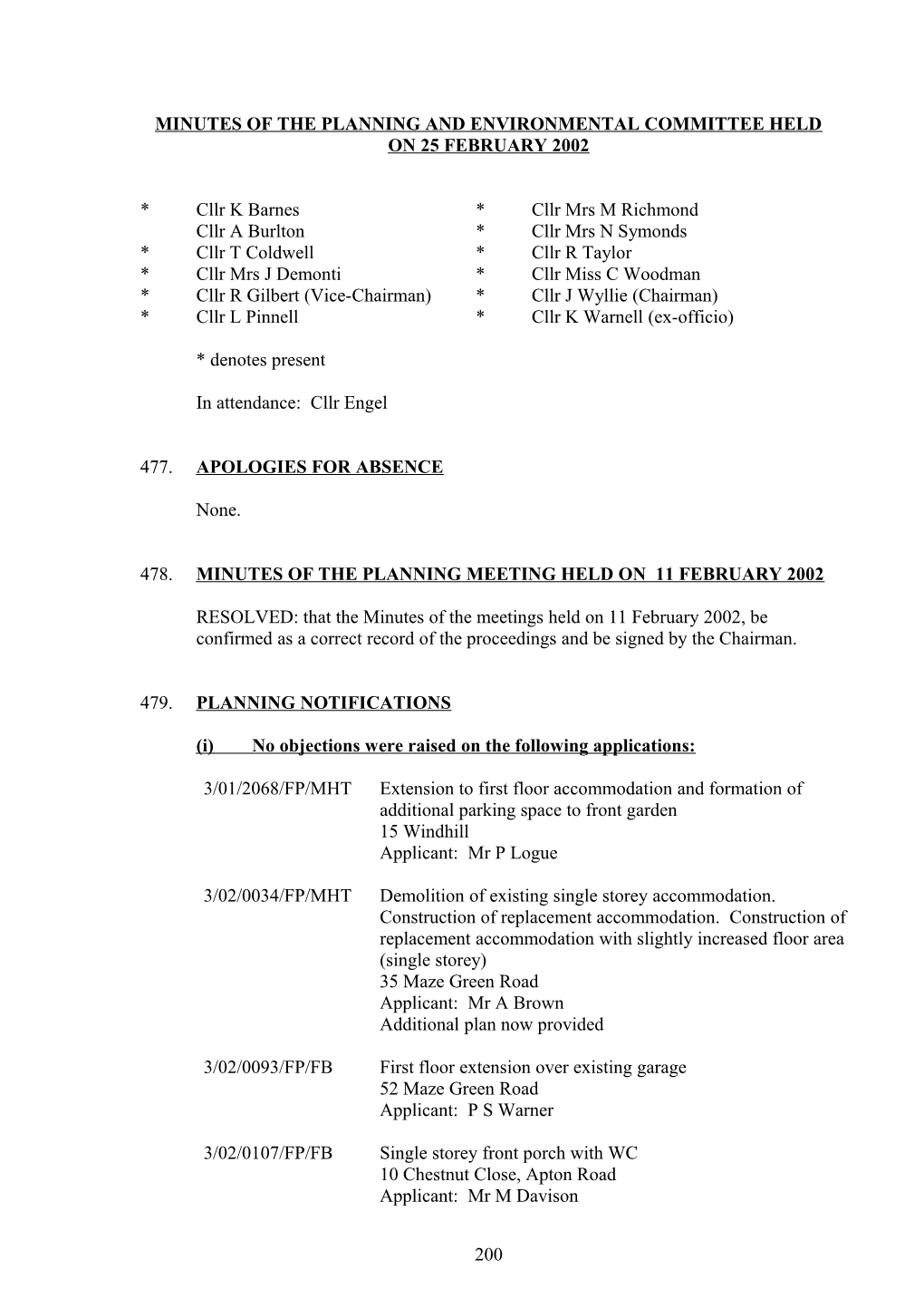 Minutes of the Planning and Environmental Committee Held on 8 October 2001