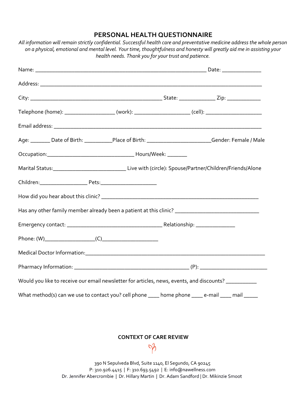 Personal Health Questionnaire