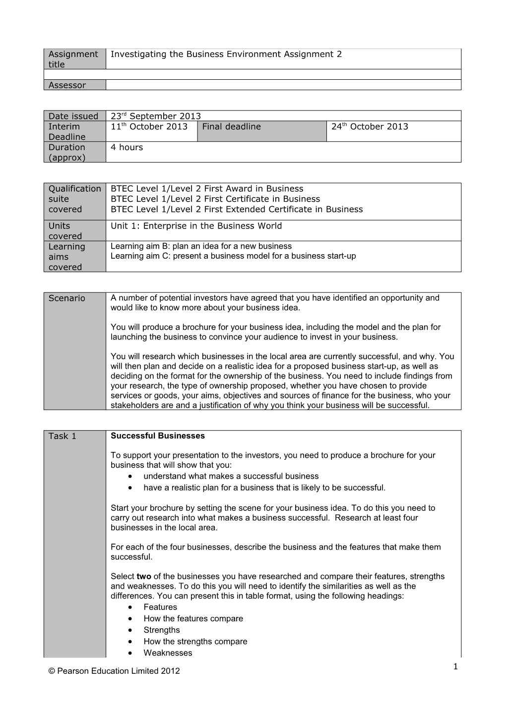 Authorised Assignment Brief - Unit 1 Assignment 2