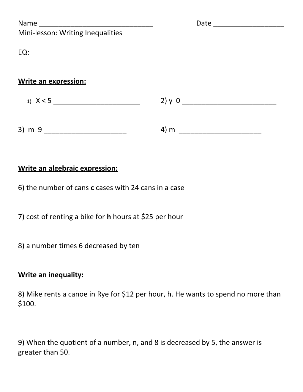 Mini-Lesson: Writing Inequalities