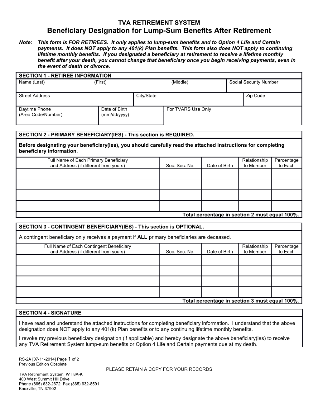 Tva Retirement System Beneficiary Designation