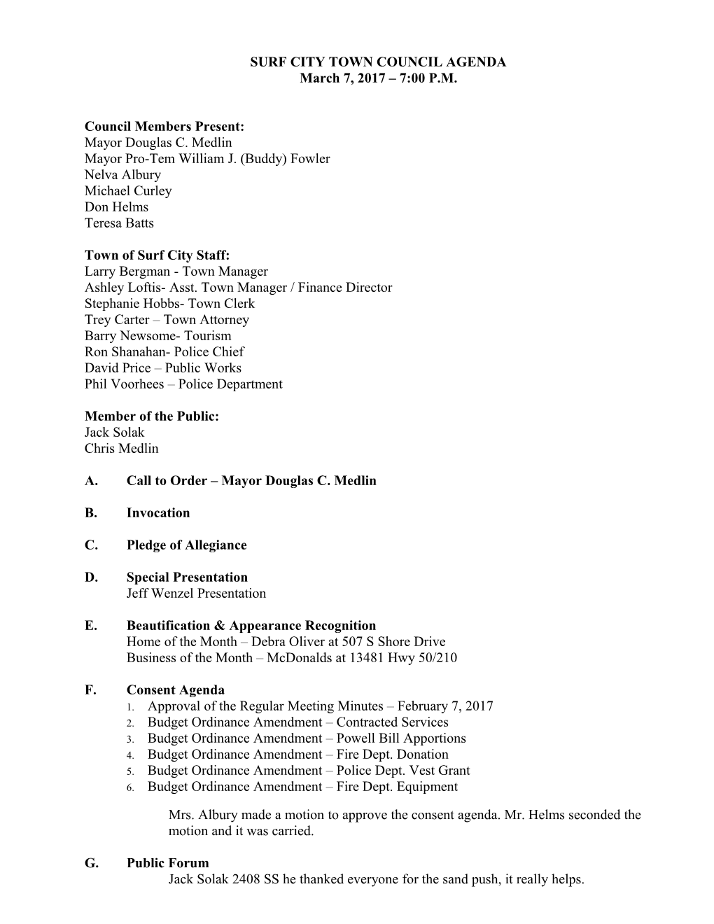 Surf City Town Council Agenda