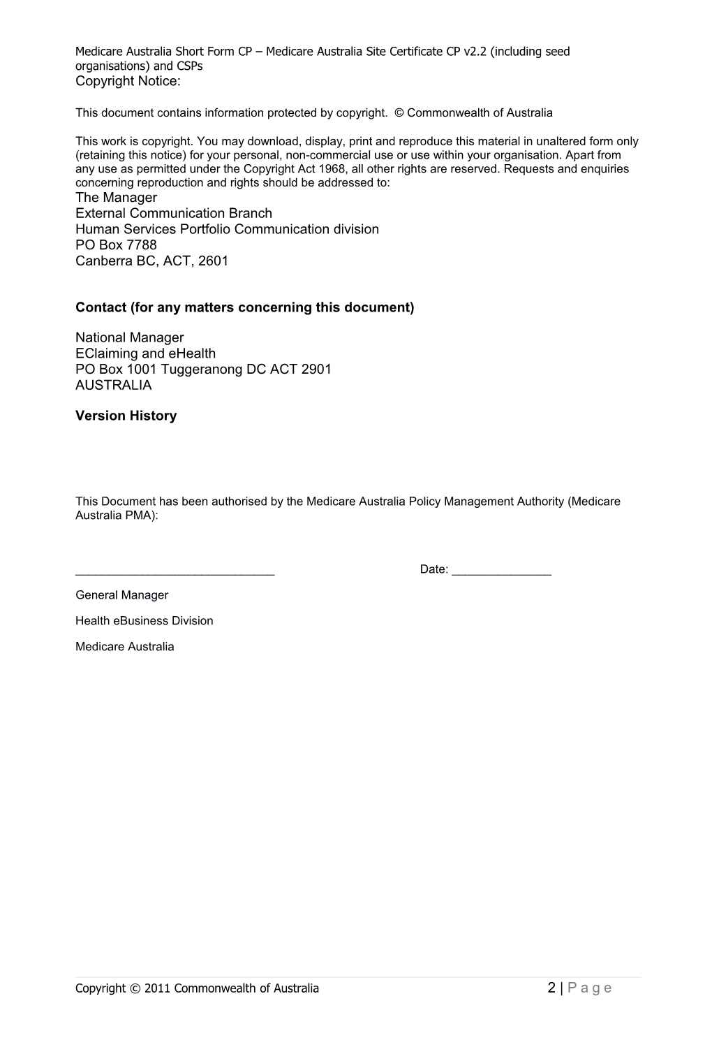 Short Form Certificate Policy - Medicare Australia Site Certificates Communities of Interest