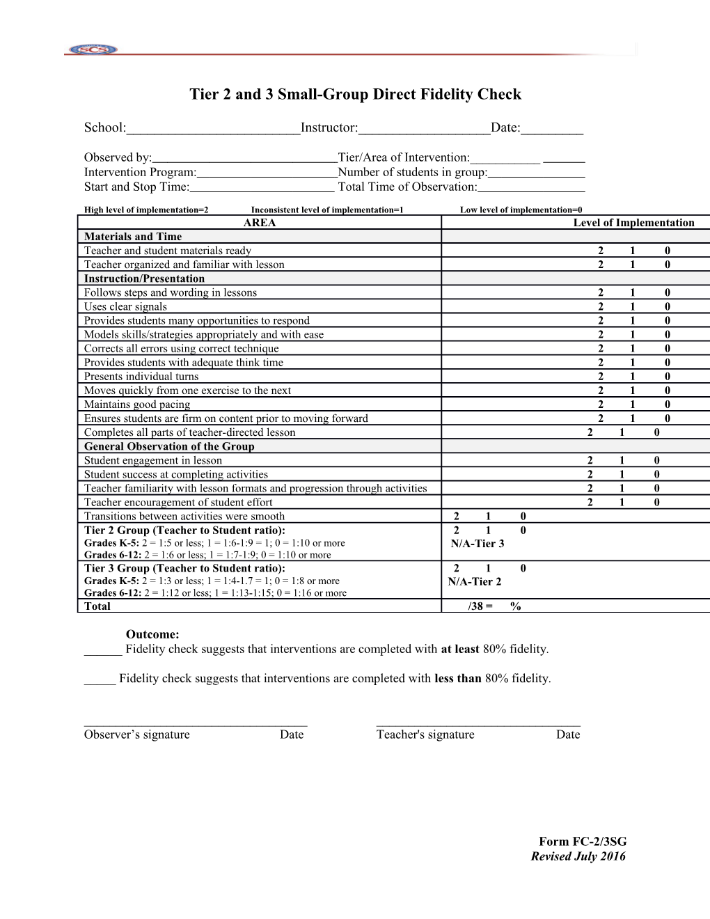 Tier 2 and 3 Small-Group Direct Fidelity Check