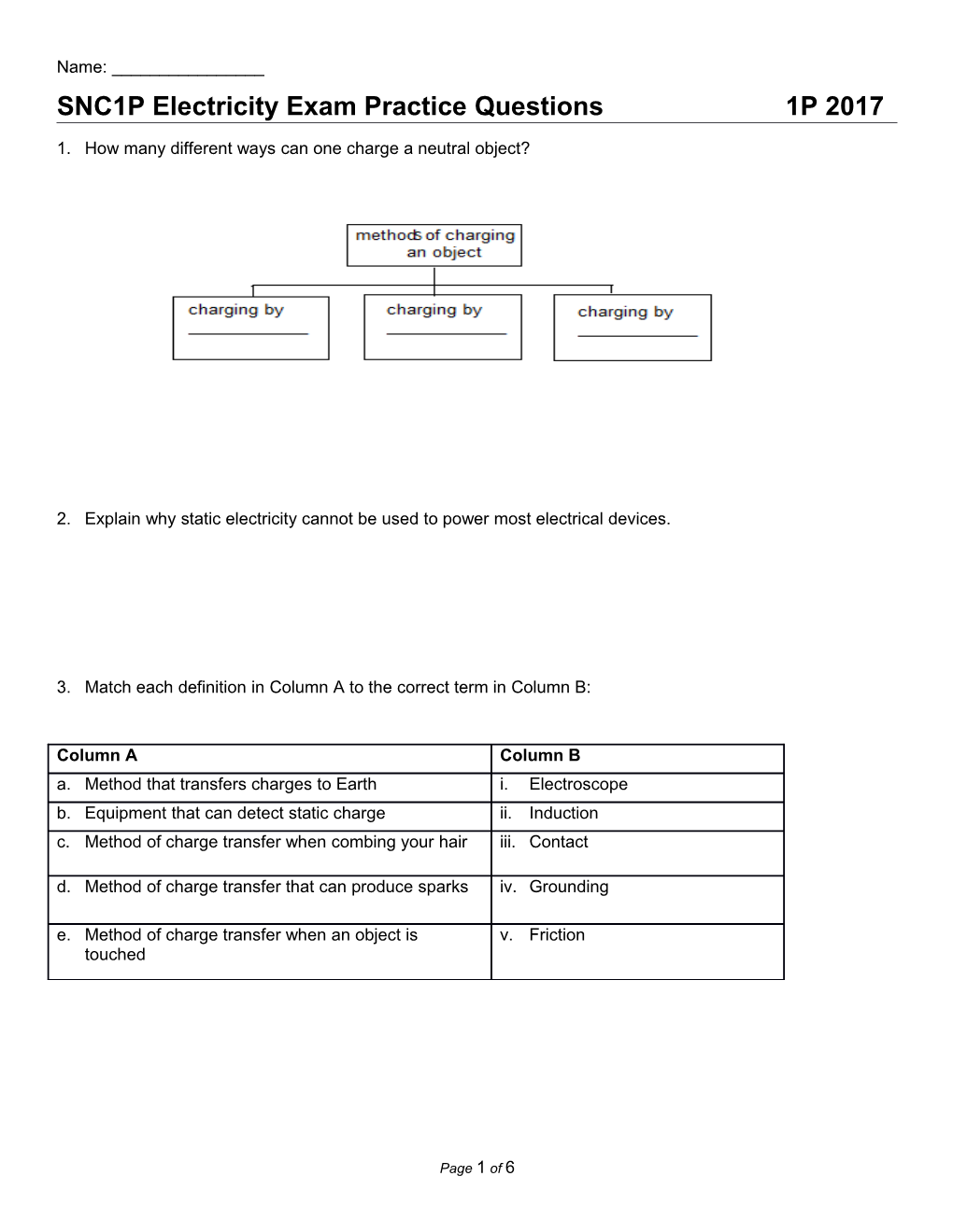 SNC1P Electricity Exam Practice Questions 1P 2017