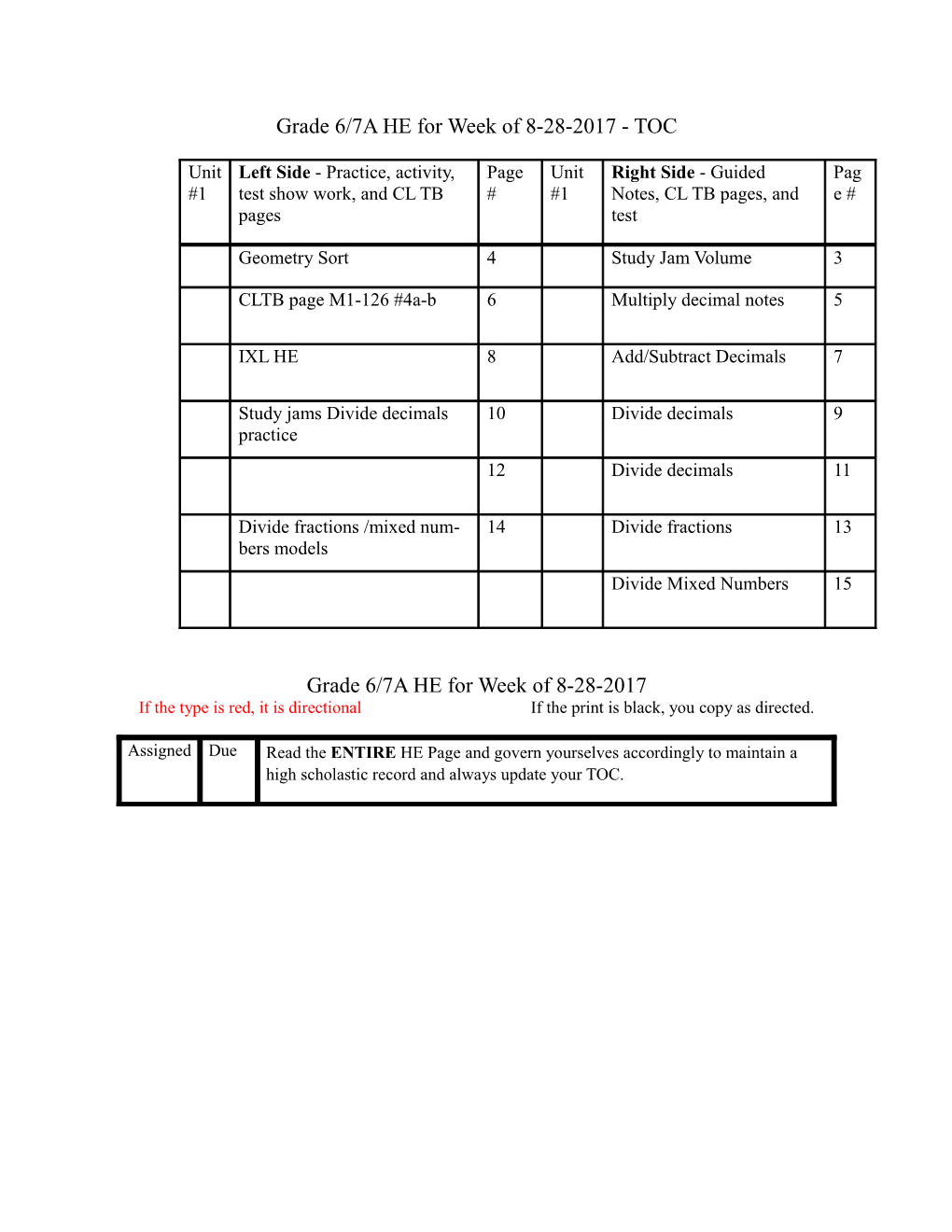 Grade 6/7A HE for Week of 8-28-2017 - TOC