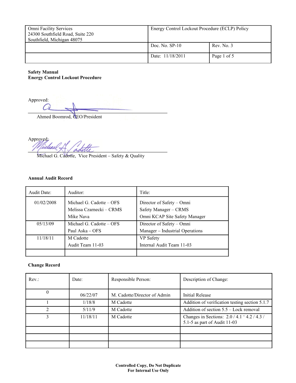 Energy Control Lockout Procedure