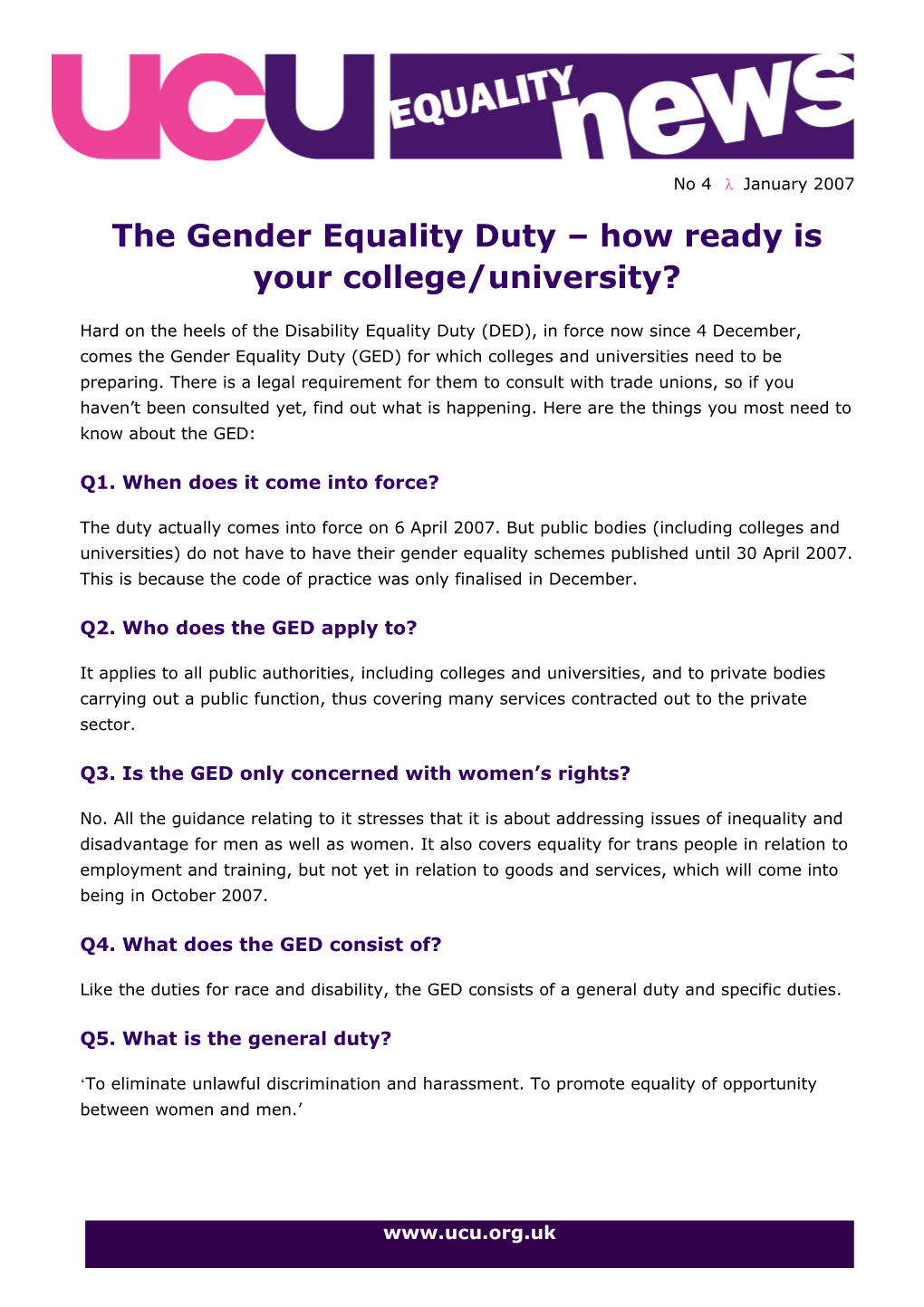 The Gender Equality Duty How Ready Is Your College/University?