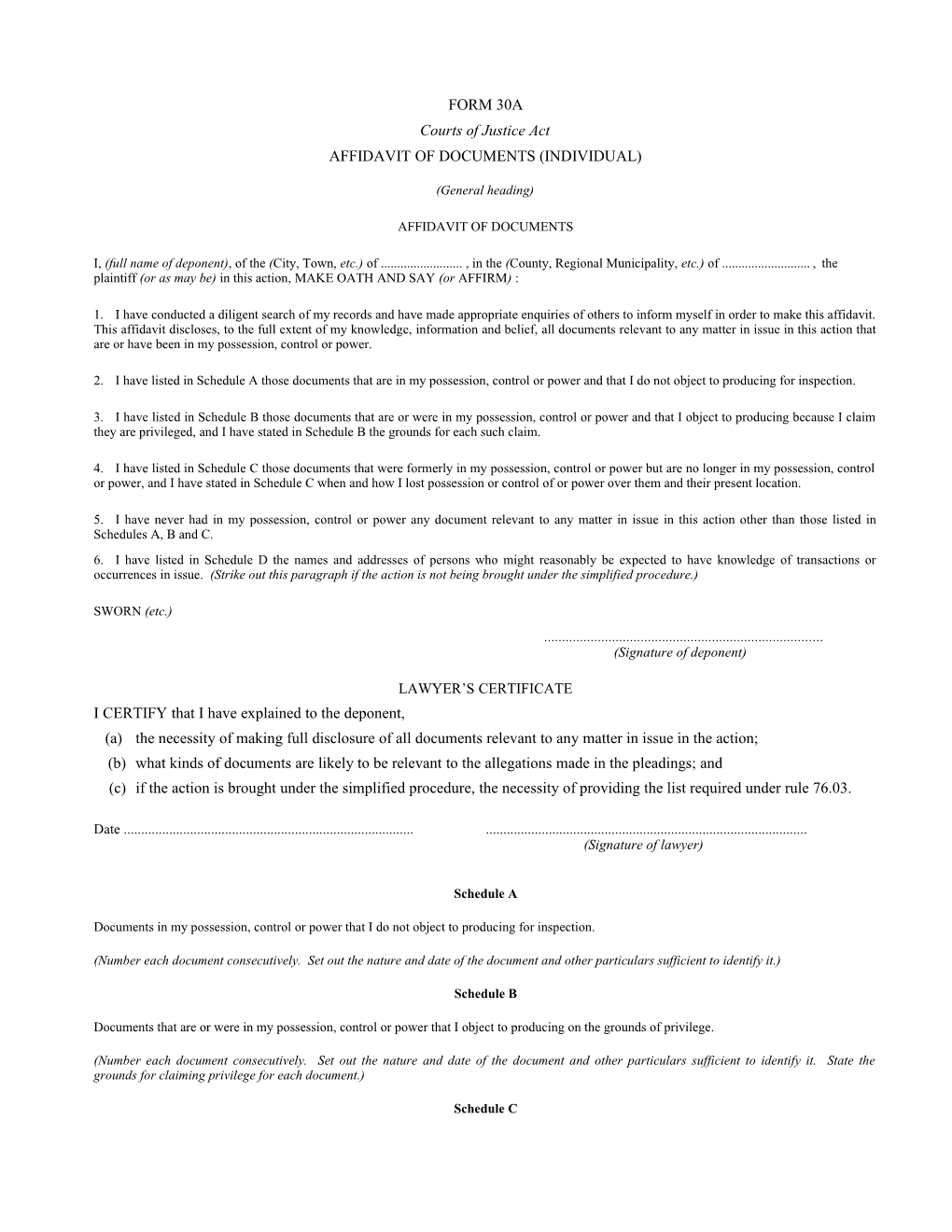 Form 30A Affidavit of Documents (Individual)