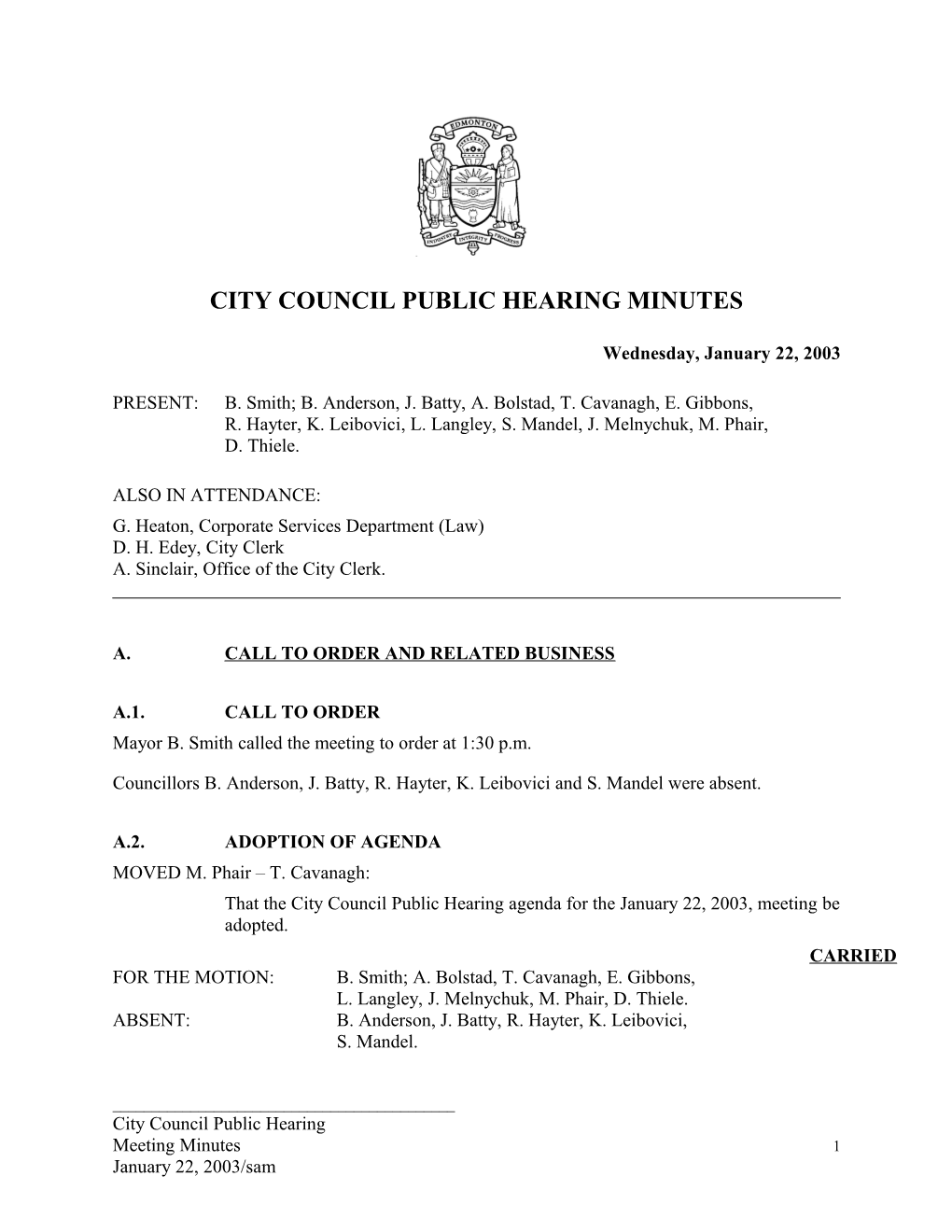 Minutes for City Council January 22, 2003 Meeting