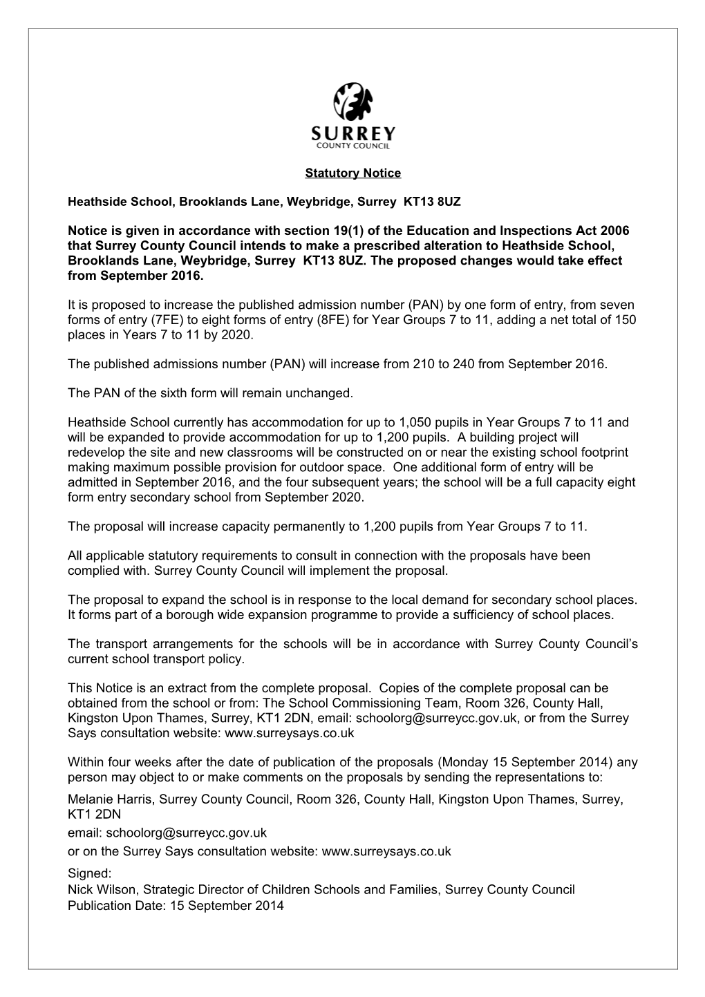 Surrey County Council Statutory Notice