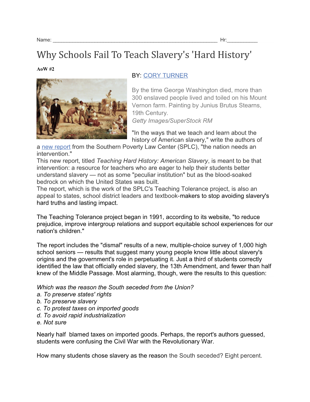 Why Schools Fail to Teach Slavery's 'Hard History'