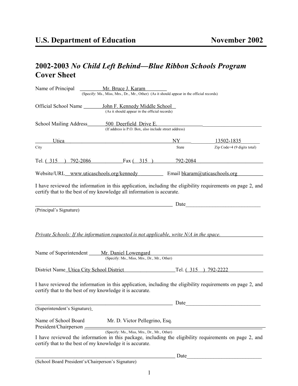 John F. Kennedy Middle School 2003 No Child Left Behind-Blue Ribbon School (Msword)