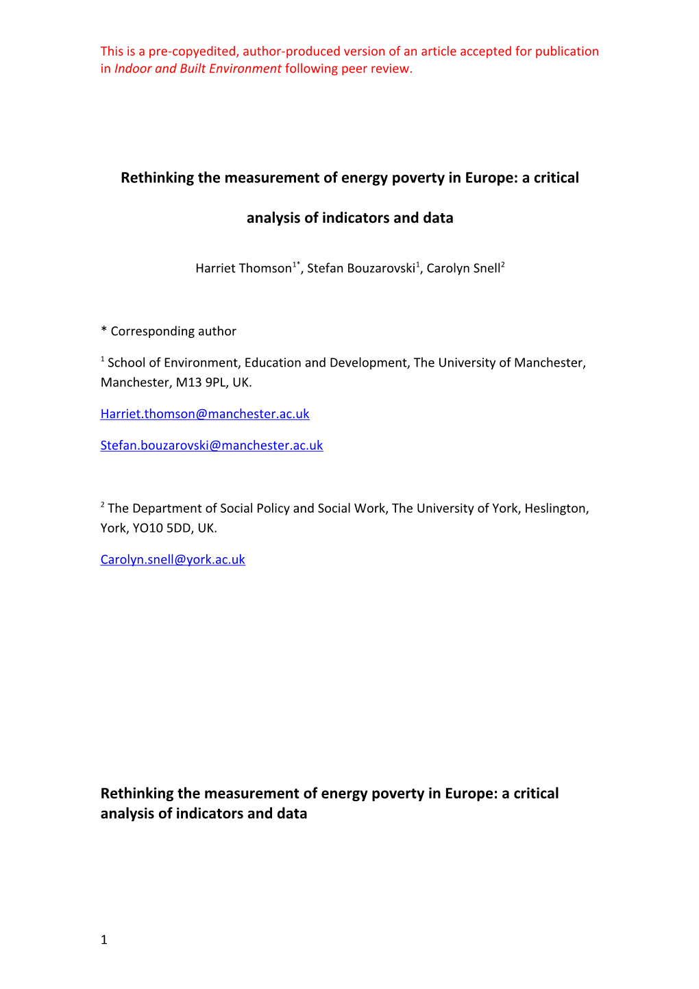 Rethinking the Measurement of Energy Poverty in Europe: a Critical Analysis of Indicators