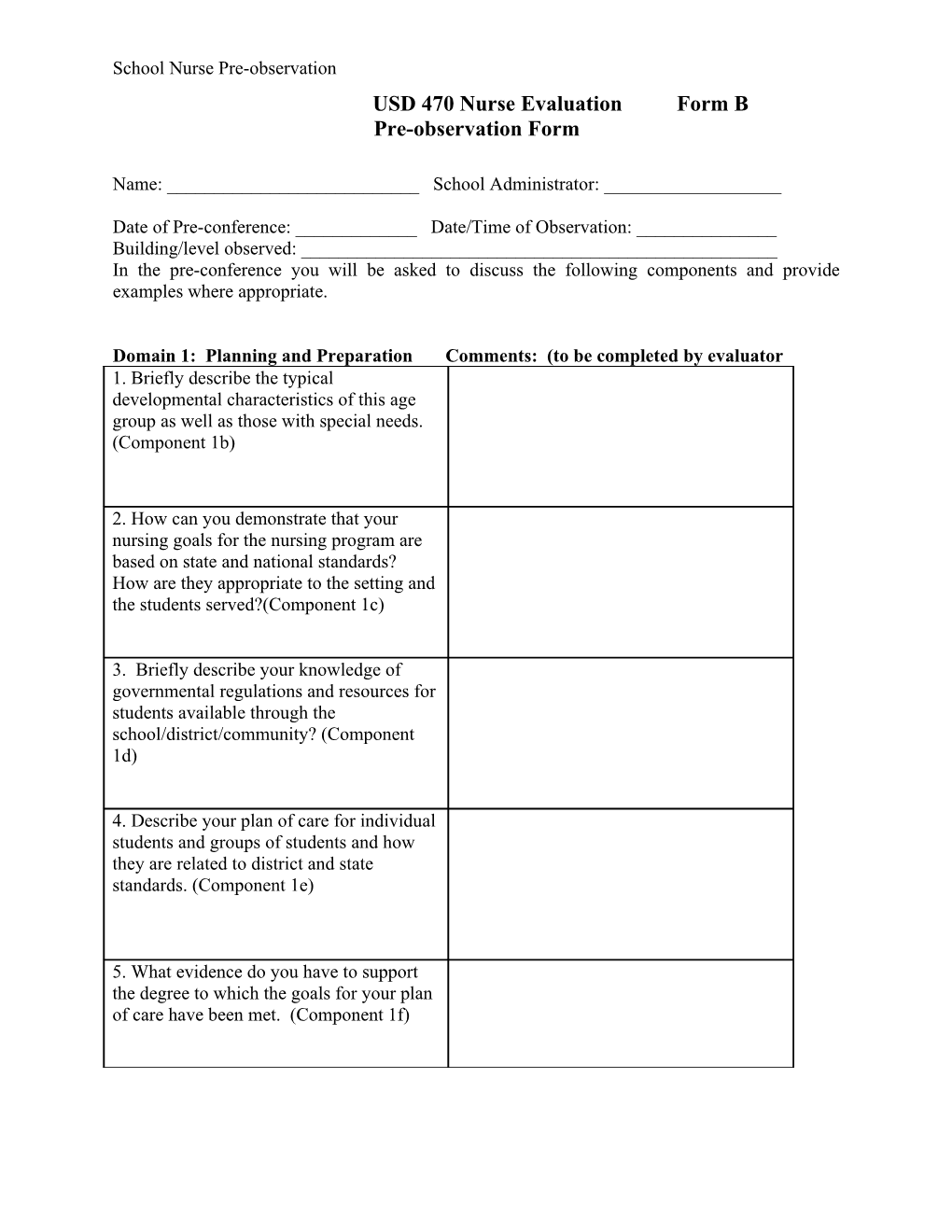 USD 470 Nurse Evaluation Form B