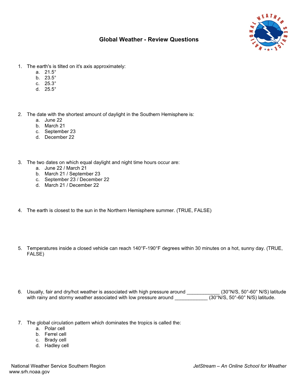 The Atmosphere - Review Questions