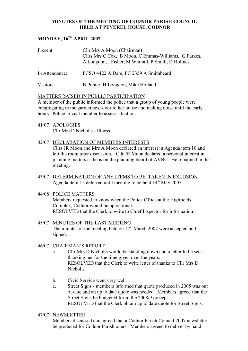 Minutes of the Meeting of Codnor Parish Council