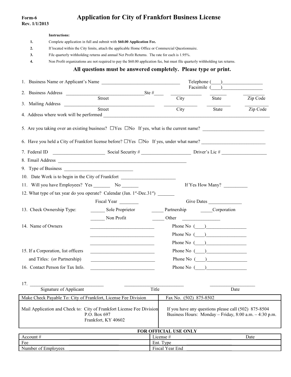 Form-6 Application For City Of Frankfort Business License