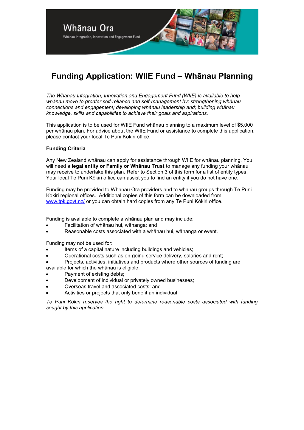 Funding Application: WIIE Fund - Whanau Planning