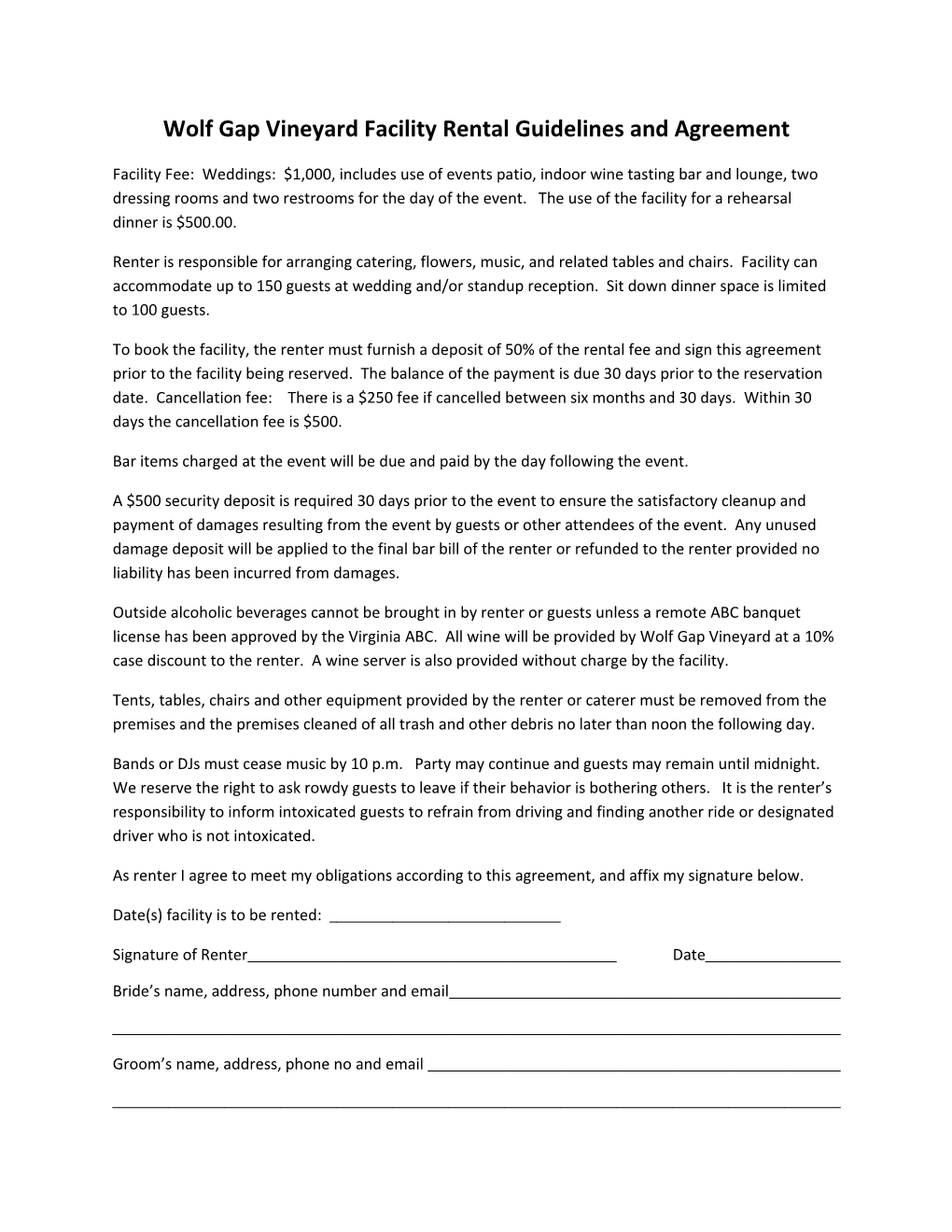 Wolf Gap Vineyard Facility Rental Guidelines and Agreement