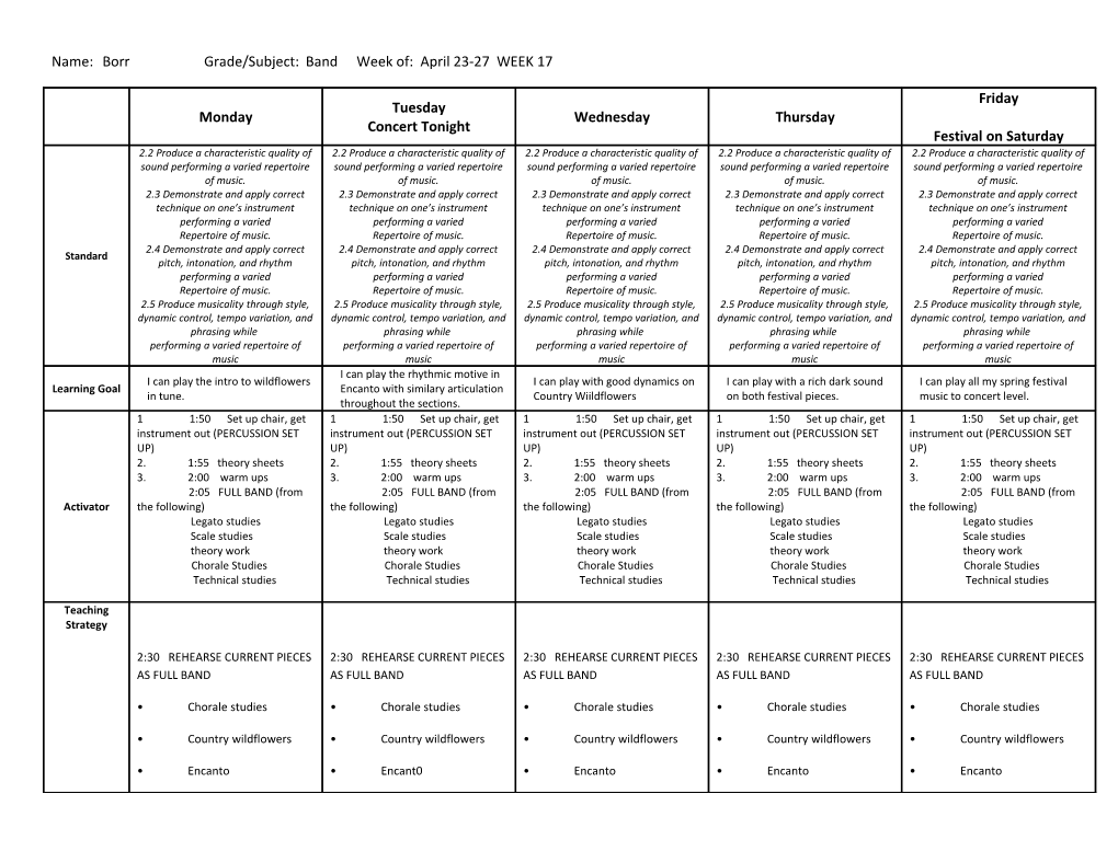 Name: Borr Grade/Subject: Band Week Of: April 23-27 WEEK 17