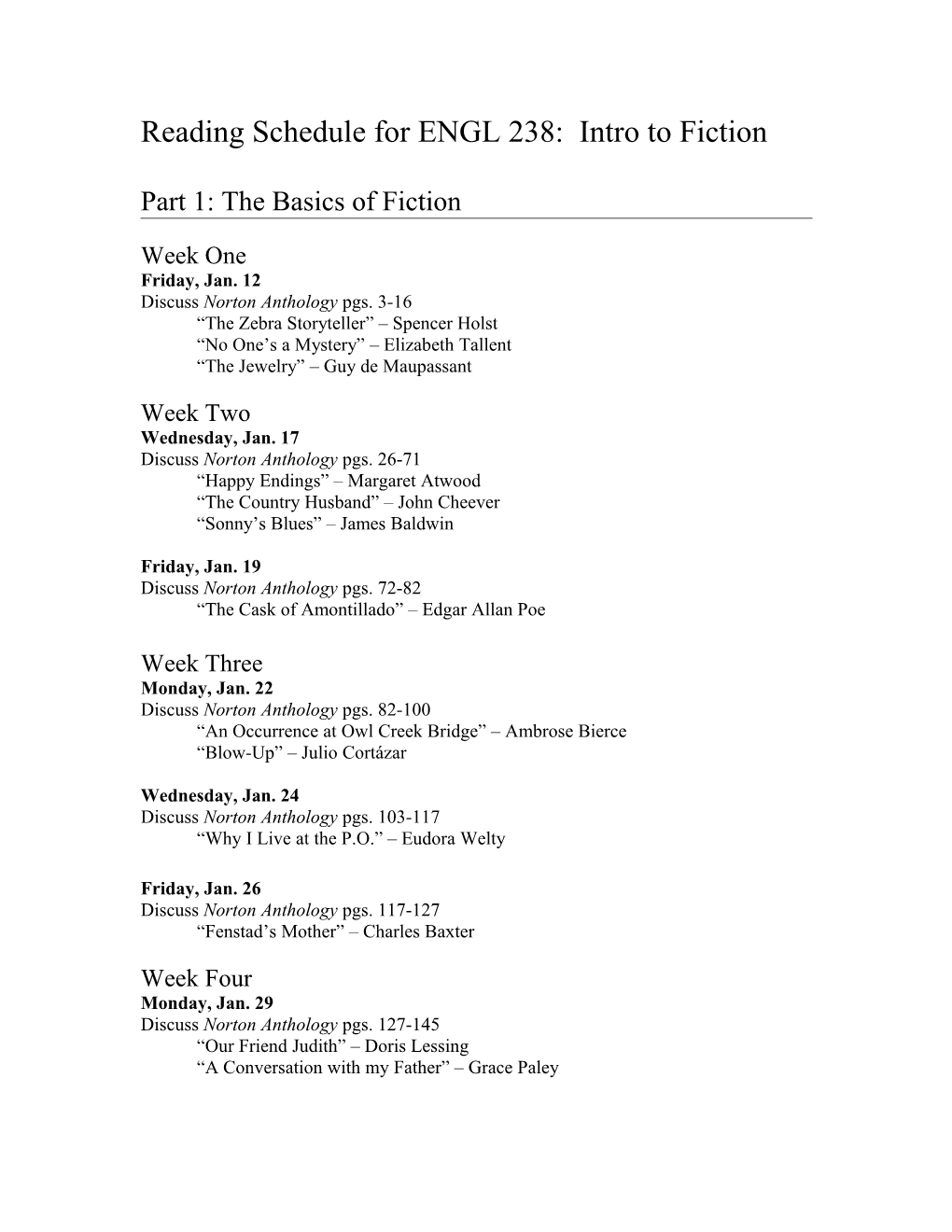 Reading Schedule for ENGL 238: Intro to Fiction