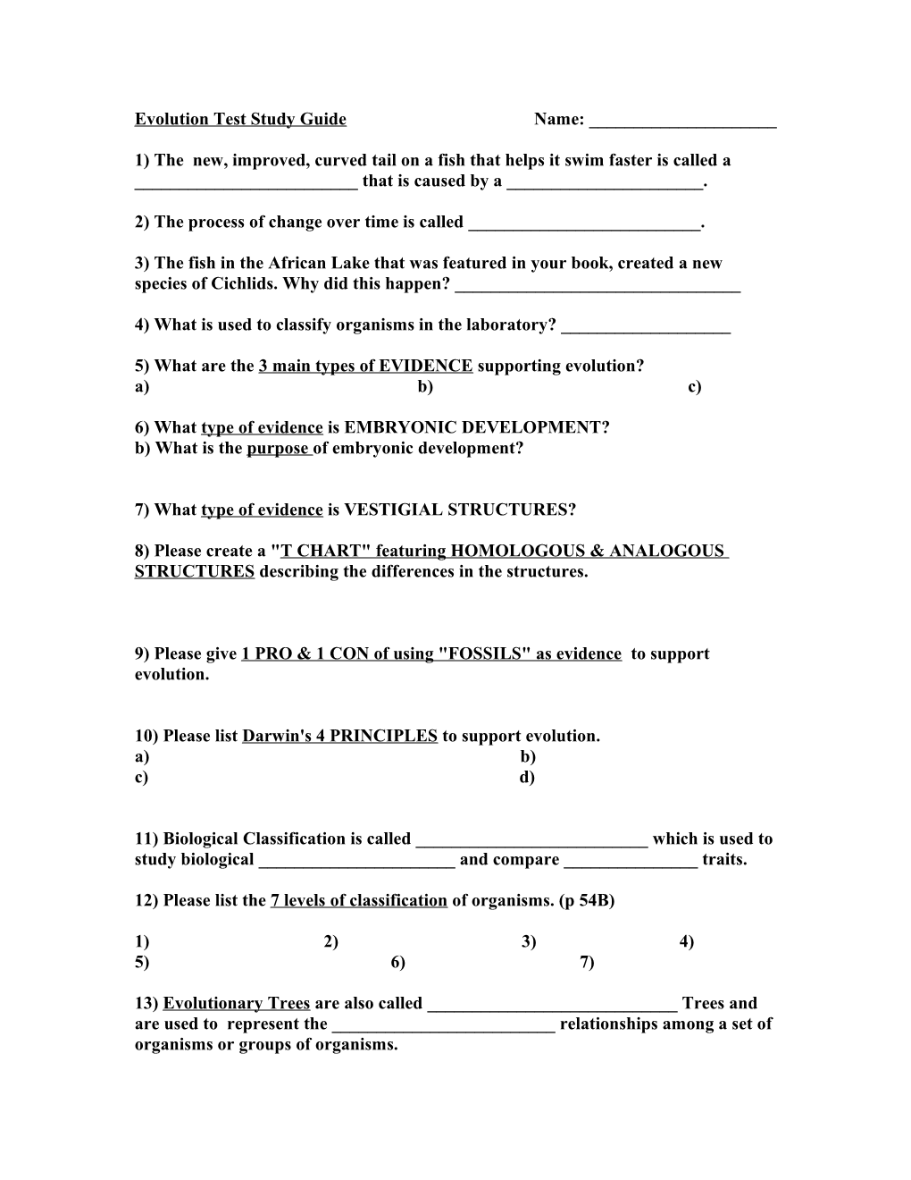 Evolution Test Study Guide Name: ______