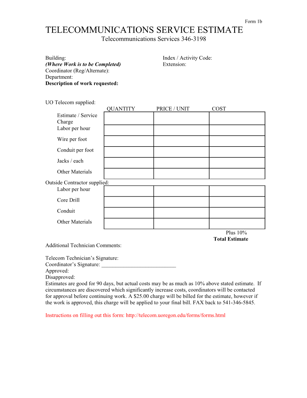 Telecommunications Service Estimate