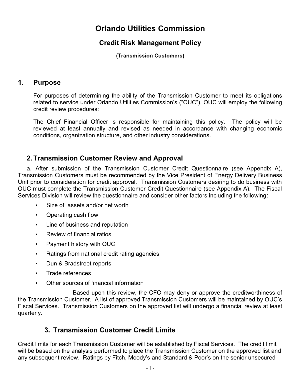 OUC Transmission Customer Credit Risk Policy (Clean) (D0035800)