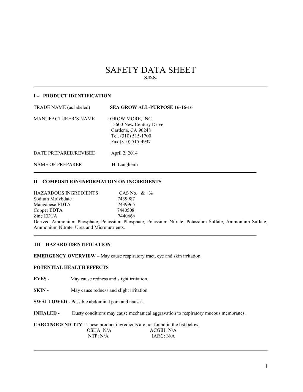 Material Safety Data Sheet s5