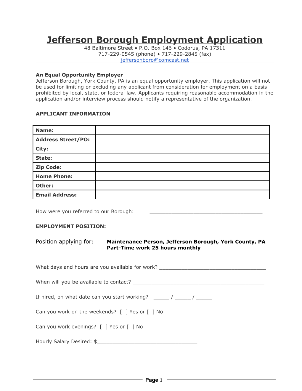 Jefferson Borough Employment Application