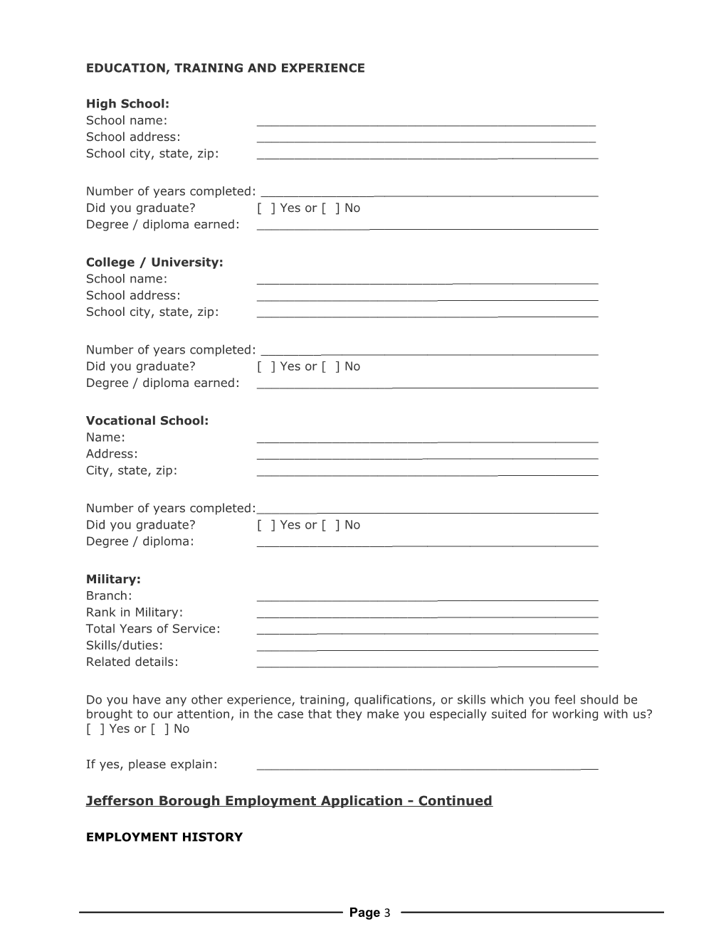 Jefferson Borough Employment Application