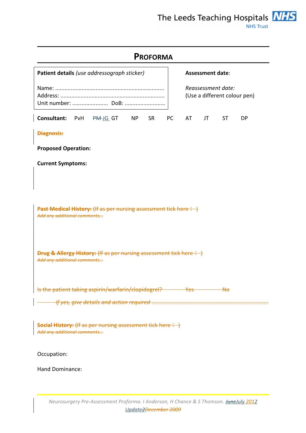 Neurosurgery Pre-Assessment Clinic Proforma