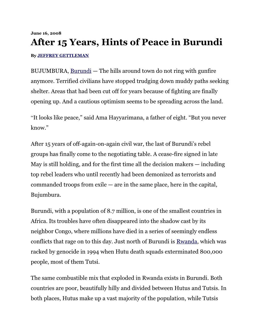 After 15 Years, Hints of Peace in Burundi