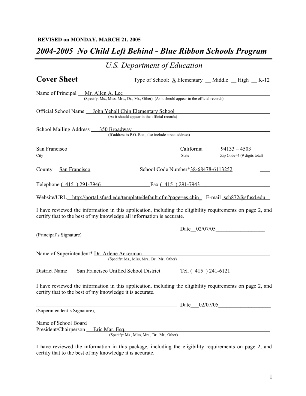 John Yehall Chin Elementary School Application: 2004-2005, No Child Left Behind - Blue