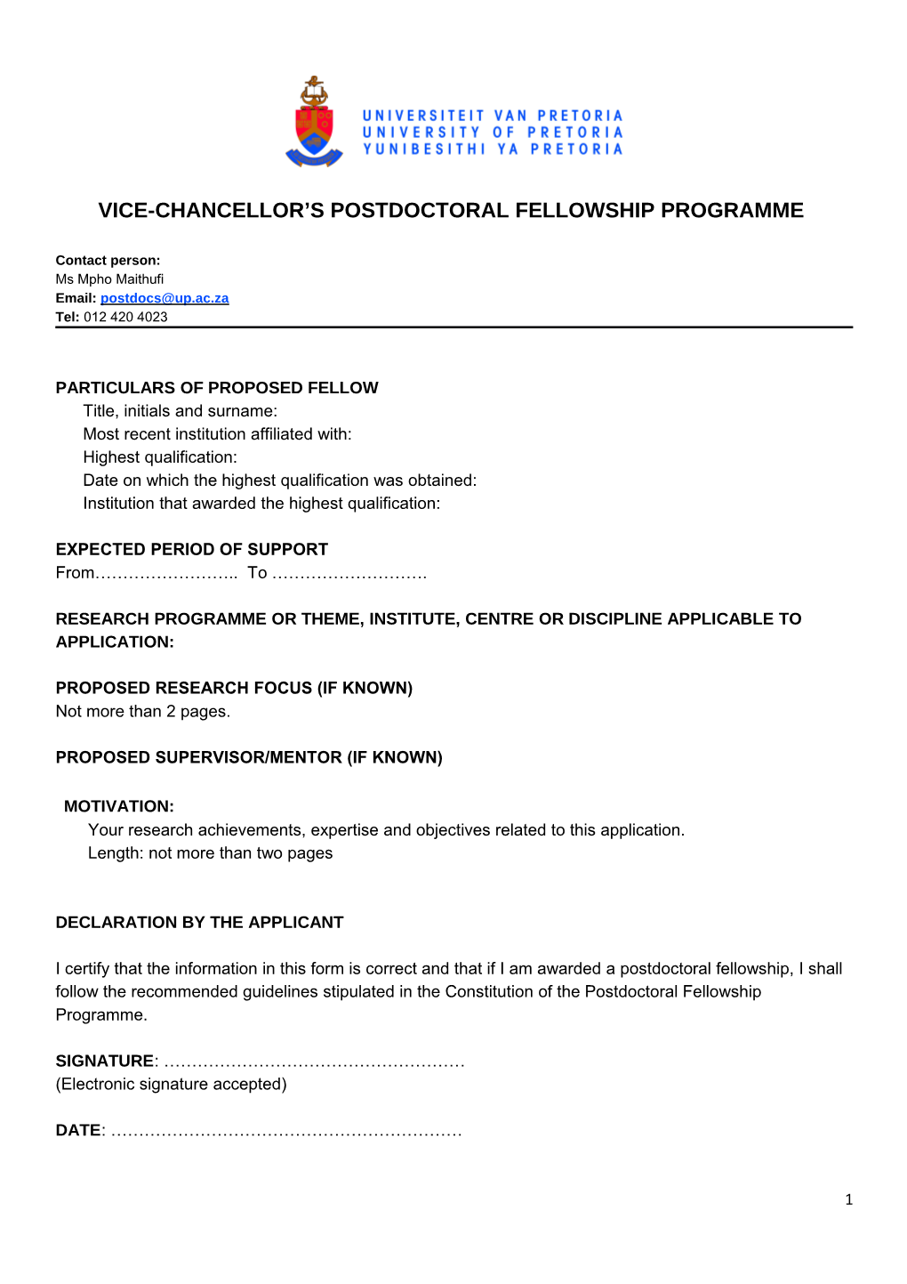 Vice-Chancellor S Postdoctoral Fellowship Programme