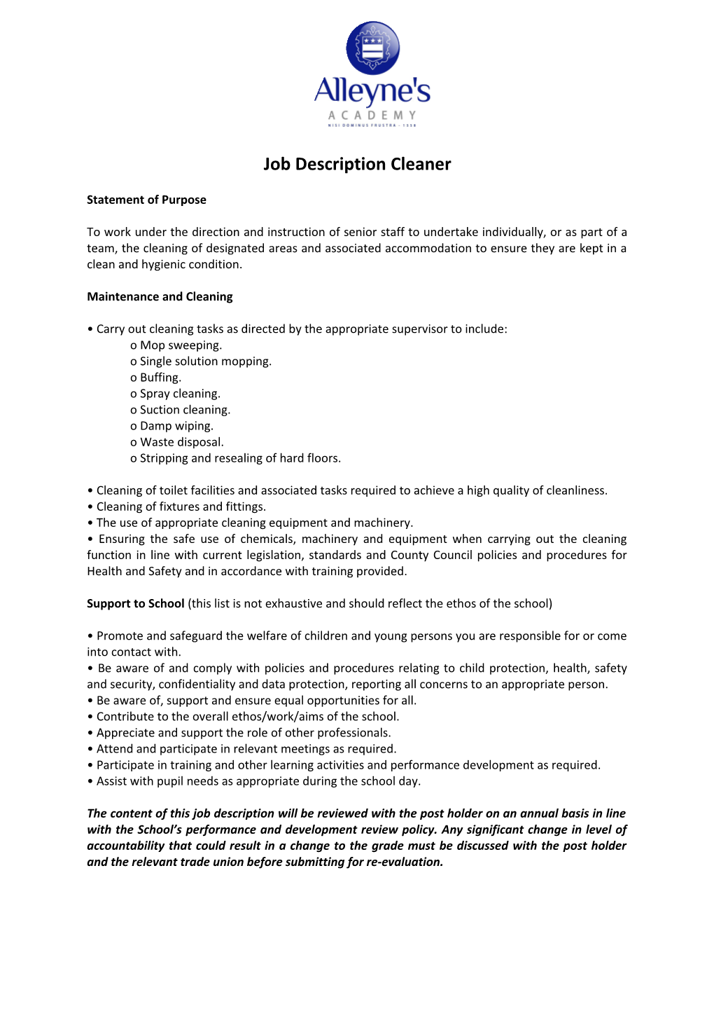 Job Description Cleaner