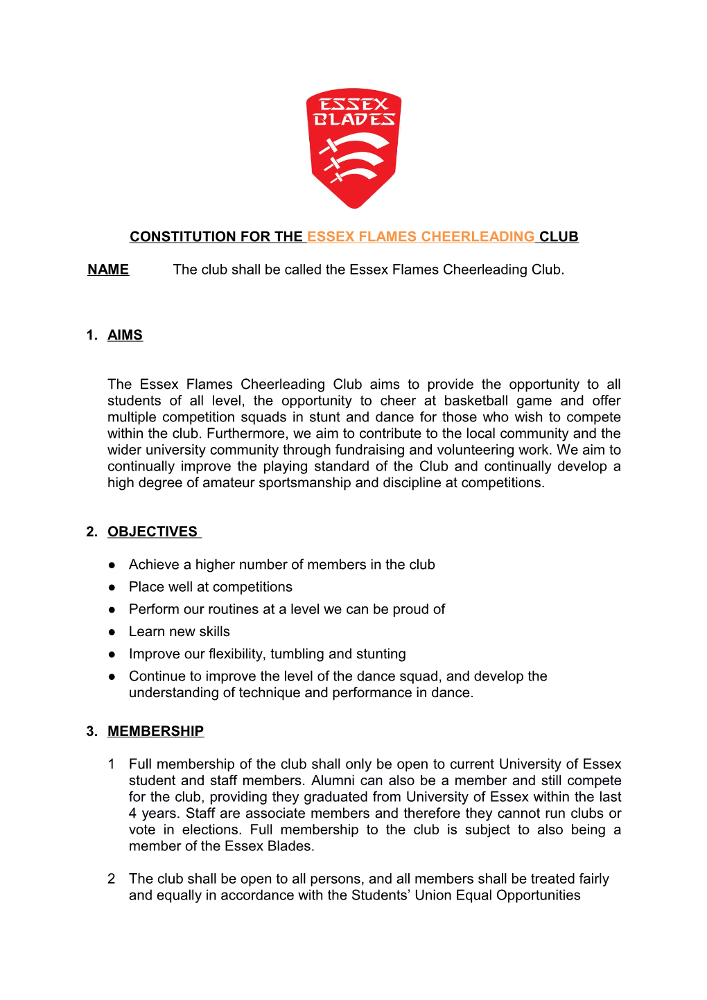 Constitution for the Essex Flames Cheerleading Club