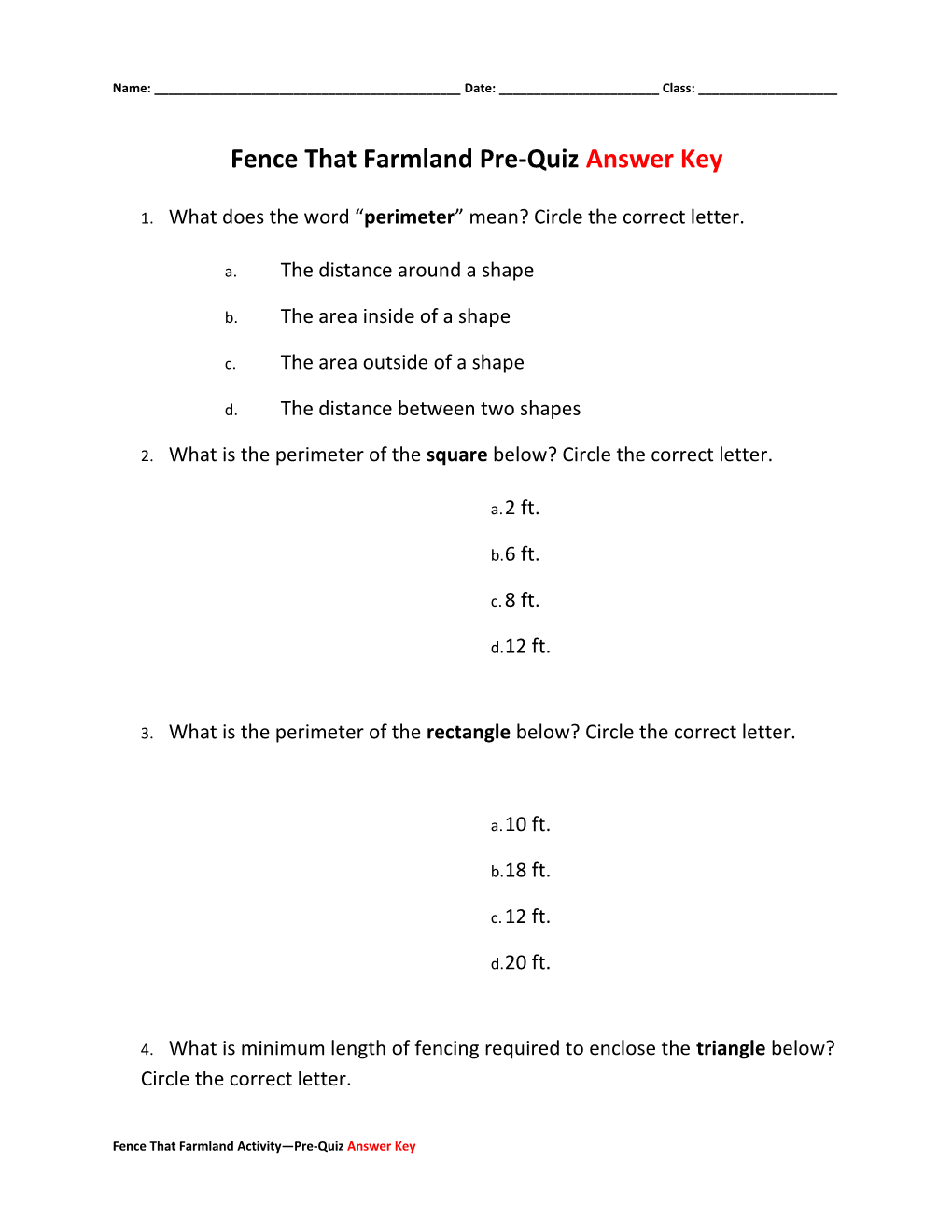 Fence That Farmland Pre-Quiz Answer Key