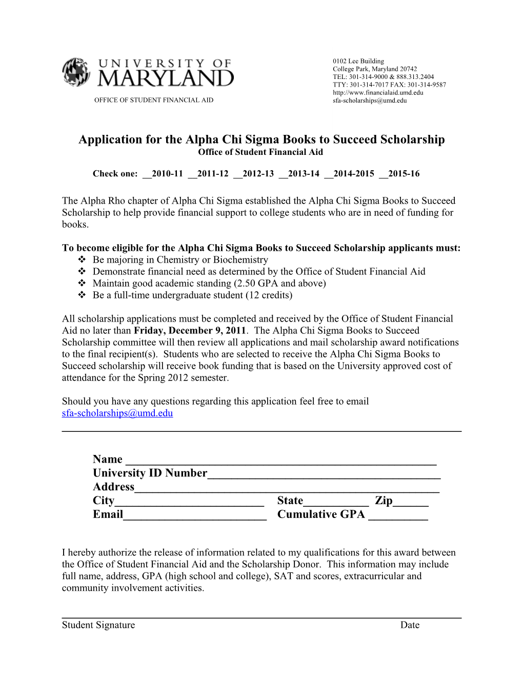 Application for the Mary Ann Granger-Alderson Memorial Scholarship