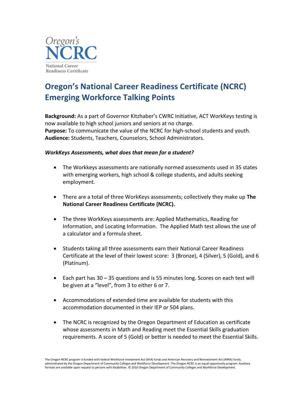 Oregon S National Career Readiness Certificate (NCRC)