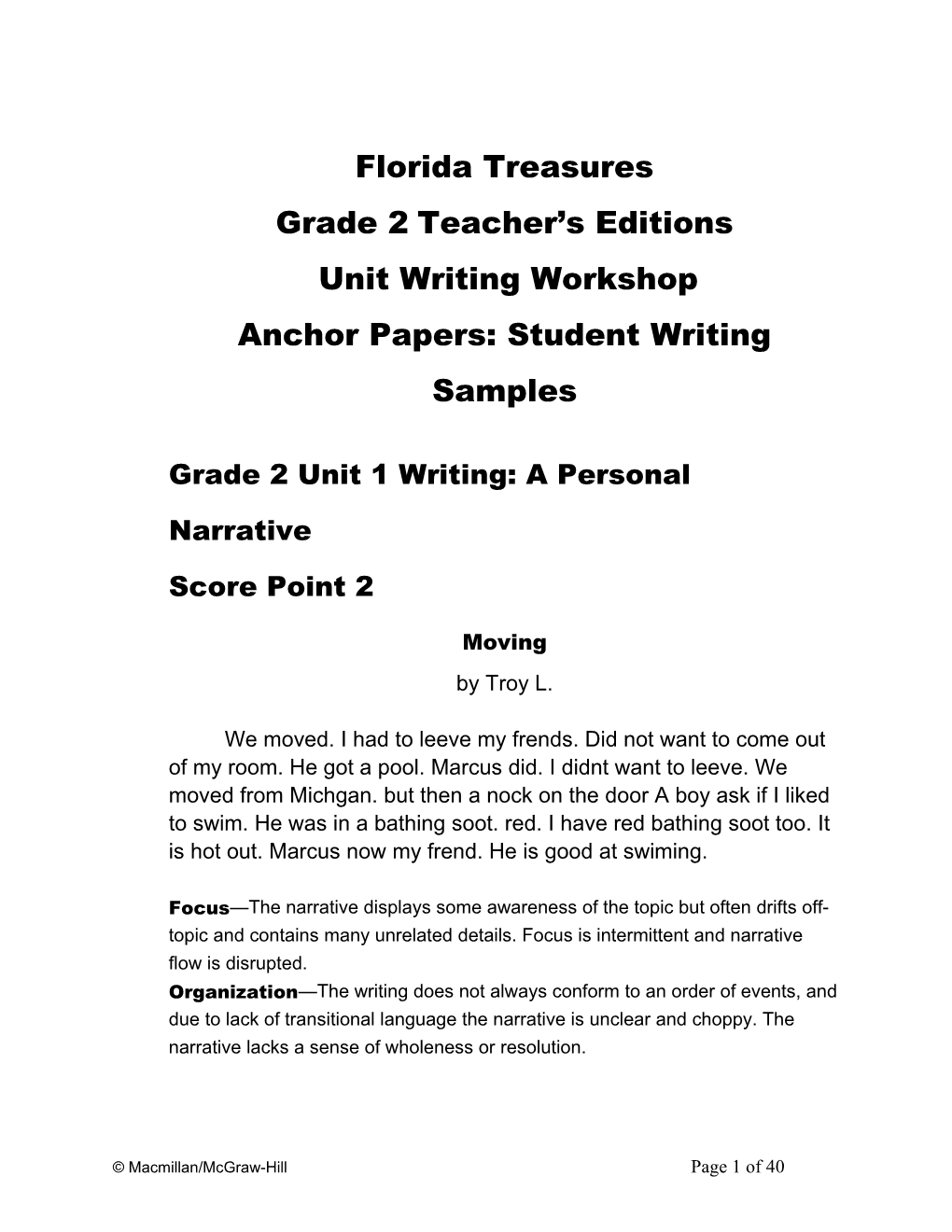 Grade 2 Unit Writing Anchor Papers