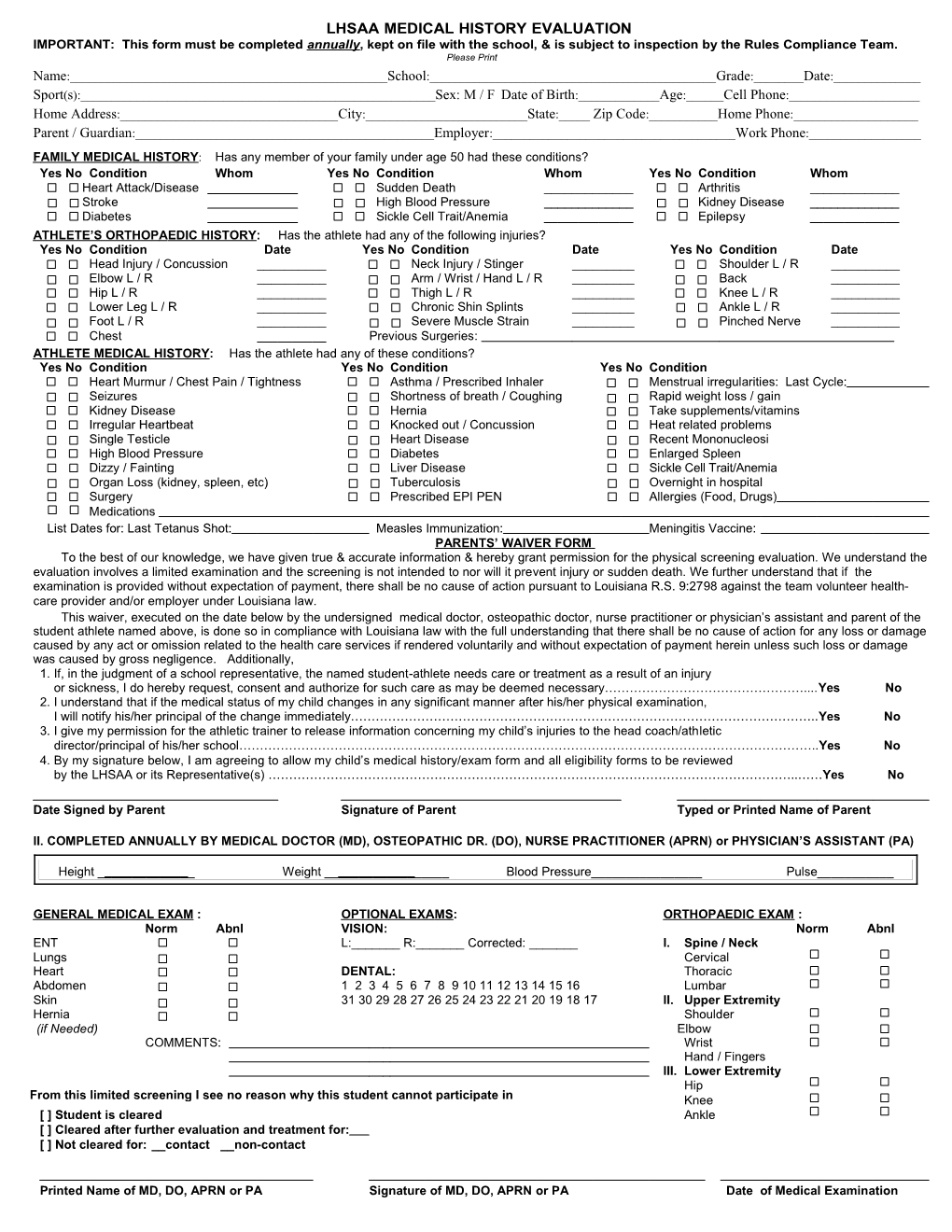 Lhsaa Medical History Evaluation