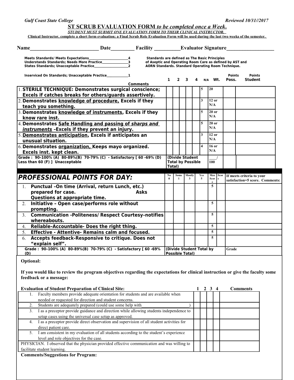 Student Scrub Evaluation Form