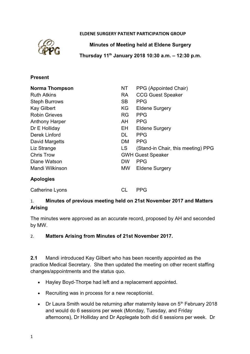 Minutes of Meeting Held at Eldene Surgery