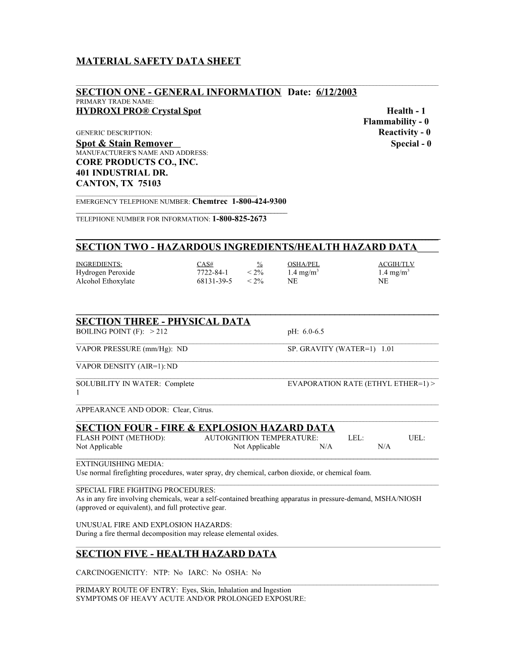 Material Safety Data Sheet	Core Products Co., Inc