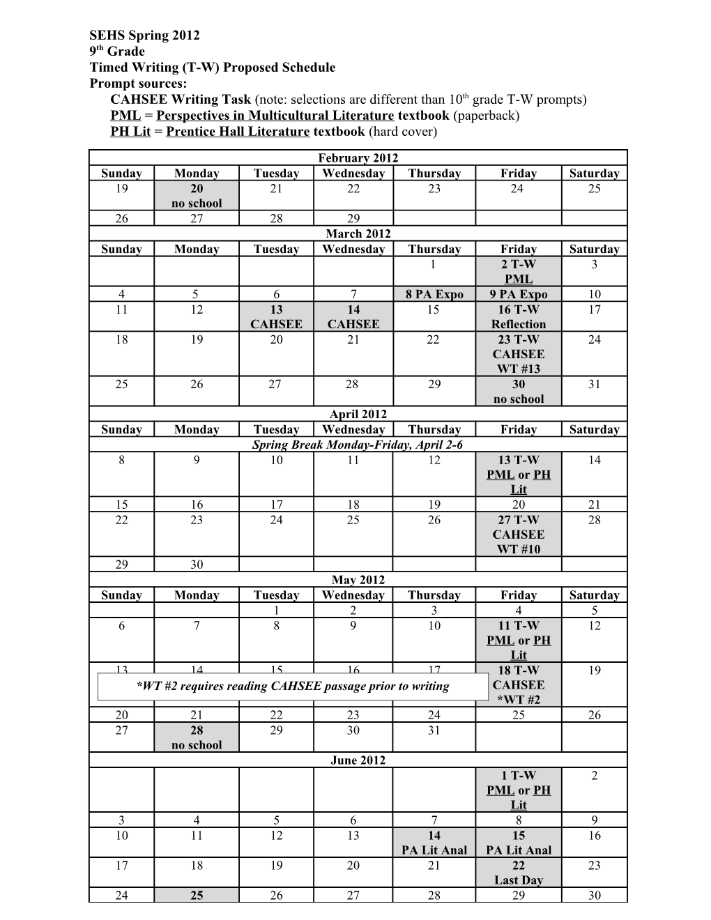 Timed Writing (T-W) Proposed Schedule